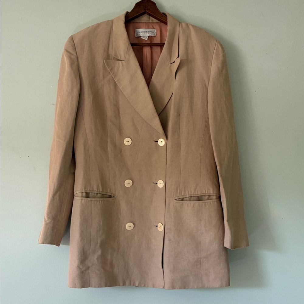 LIZ CLAIRBORNE | Vintage 90s Beige Double-Breasted Linen Blazer - Size 10